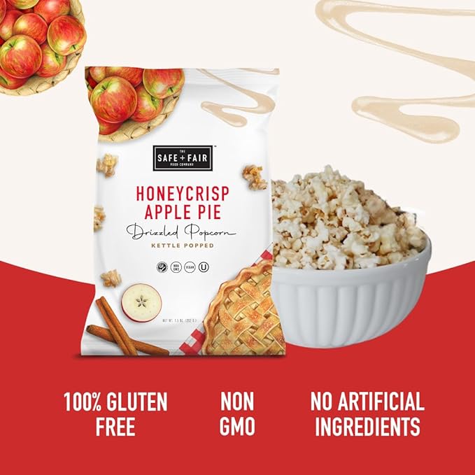 Safe + Fair Plant-Based Gourmet Apple Pie Flavored Popcorn - Honeycrisp Apple Pie Drizzled Kettle Corn Popcorn - Non-GMO + Gluten-Free Snacks,5.5oz