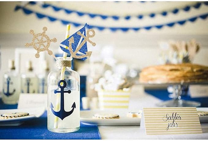 24 Pcs Nautical Theme Glitter Cupcake Picks Cupcake Toppers Food Fruit Picks for Decoration Party Favors
