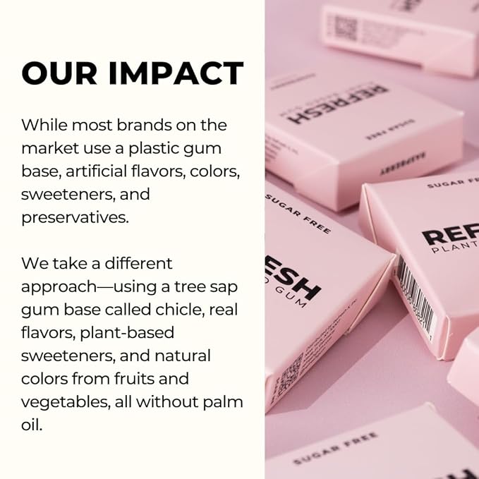 Refresh Gum, Xylitol, Natural, Sugar Free, Long Lasting, Plastic Free, Natural Flavors & Organic Ingredients, Plant-Based, Low Calorie, Non GMO, Gluten Free, Vegan, Raspberry Flavor, 12 Pcs, 12 Pack