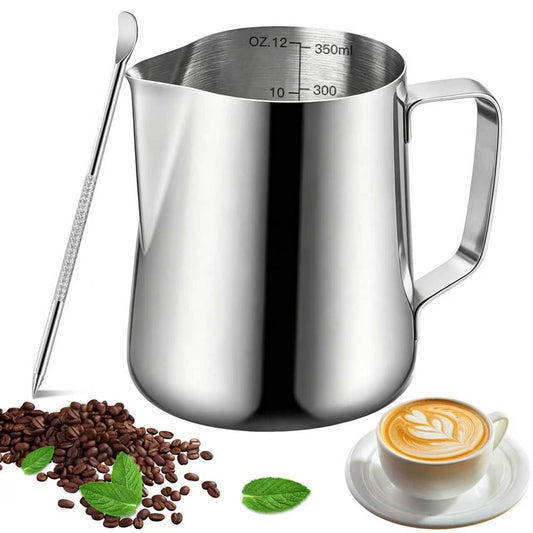 Milk Frothing Pitcher, 12oz Milk Frother Cup with Scale, 304 Stainless Steel Cappuccino Espresso
