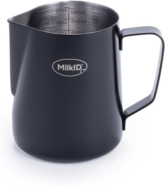 Stainless Steel Milk Frothing Pitcher | Compatible with MilkID Labeling System | Espresso Accessories Kit | Barista Tools | Latte Art Pitcher (20oz / Black Pitcher Only)