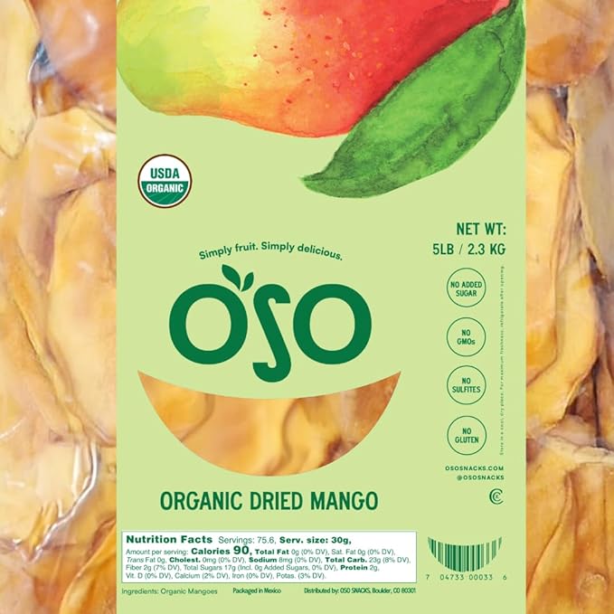 Oso Snacks Organic Dried Mango Slices. Premium Quality, Large Round Halves!| 5LB Bulk Bag| No Sugar Added | No Preservatives | 100% Fruit | No GMO | Simply Fruit. Simply Delicious.