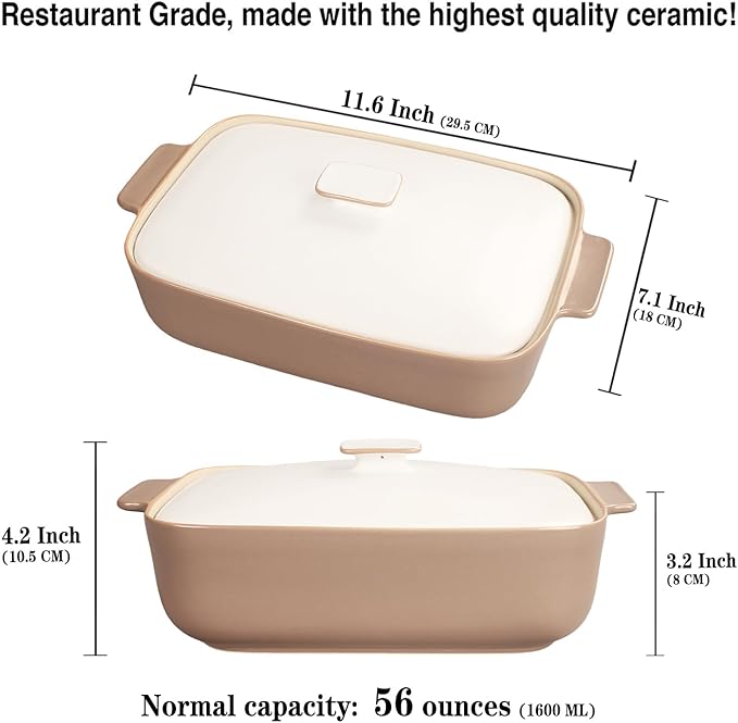 10" x 7" Casserole Dish 1.7 Quart Ceramic Bakeware Set with Lids, Chip and Crack Resistant Ceramic Casserole Dish with Handle 11.6 In, Microwave, Dishwasher, Oven, Freezer and Fridge Safe