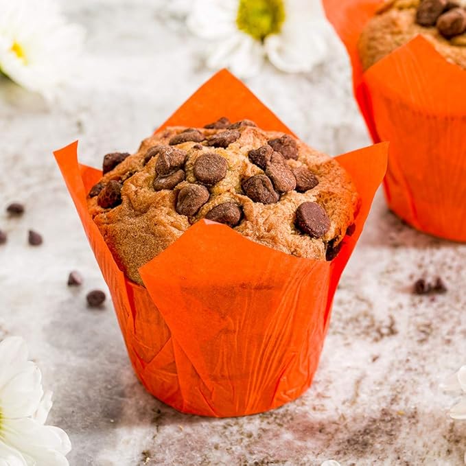 Restaurantware Panificio Premium 4 oz Orange Paper Tulip Baking Cup: Paper Baking Cups Perfect for Muffins Cupcakes or Mini Snacks - Greaseproof - Disposable and Recyclable - 200ct Box