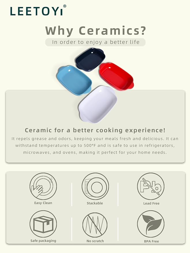 LEETOYI Ceramic Small Baking Dish, Porcelain 2-Piece Rectangular Bakeware with Double Handle, Baking Pans for Cooking and Cake Dinner 7.5"×5 (Turquoise)