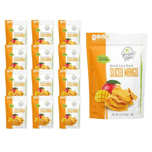 Gourmet Grove - Sliced Mango 6 oz Snack Packs | Soft, Juicy, Natural Dried Mango Slices | Lightly Sweetened (Pack of 12)
