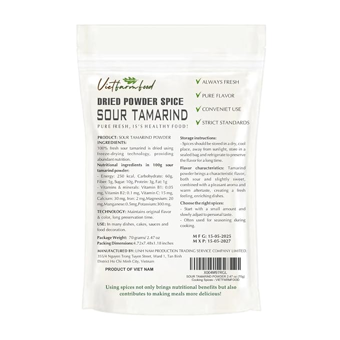 SOUR TAMARIND POWDER 1.76 Oz (50g) VIETFARMFOOD: Freeze-dried spices extract pure natural flavor. Convenient packaging, long-term preservation. Used for cooking, baking, salads, soups, sauces.