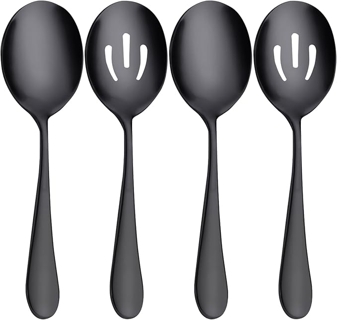 Serving Spoons Set, Black Stainless Steel, 8.7 Inch, Slotted and Solid Serving Utensils for Party Buffet Dinner Banquet Cooking Kitchen Basics, Mirror Finish Flatware, 4 Piece