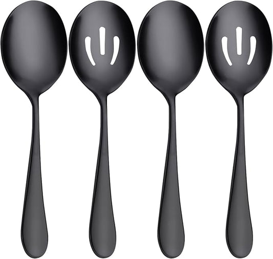 Serving Spoons Set, Black Stainless Steel, 8.7 Inch, Slotted and Solid Serving Utensils for Party Buffet Dinner Banquet Cooking Kitchen Basics, Mirror Finish Flatware, 4 Piece