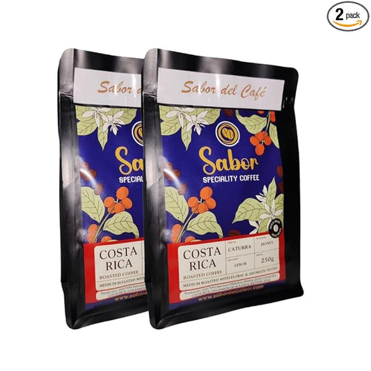 Sabor del Café ??Costa Rican Coffee Whole Bean, Medium Roast ??Specialty Coffee, Honey Processed for Sweetness ??100% Organic, Caturra Varietal, Aromatic & Smooth Flavor, 2x250g
