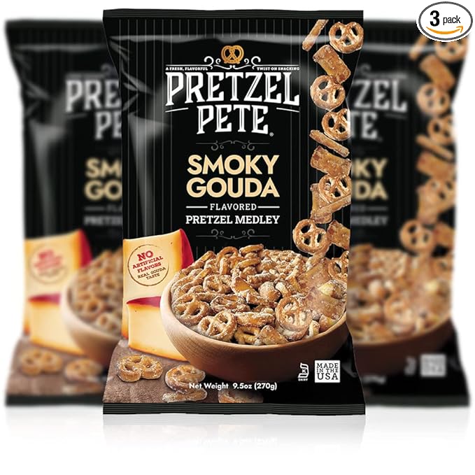 Pretzel Pete Smoky Gouda Pretzel Medley Seasoned Pretzel Medley, Nut-Free and Sesame-Free Snack, Small Batch, Bold Flavor (9.5oz, Pack of 3)