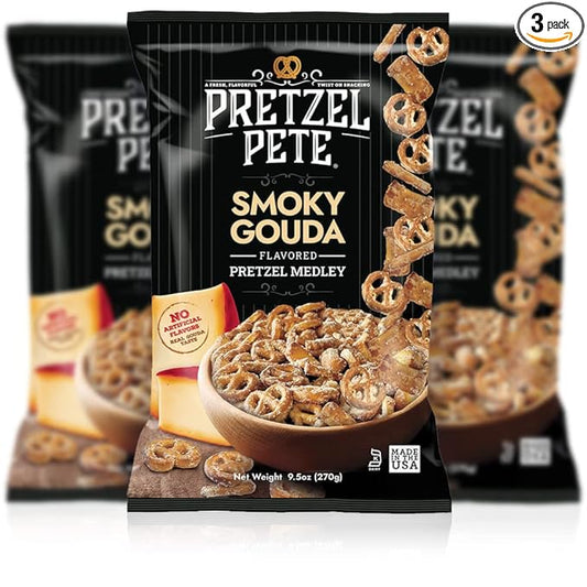 Pretzel Pete Smoky Gouda Pretzel Medley Seasoned Pretzel Medley, Nut-Free and Sesame-Free Snack, Small Batch, Bold Flavor (9.5oz, Pack of 3)