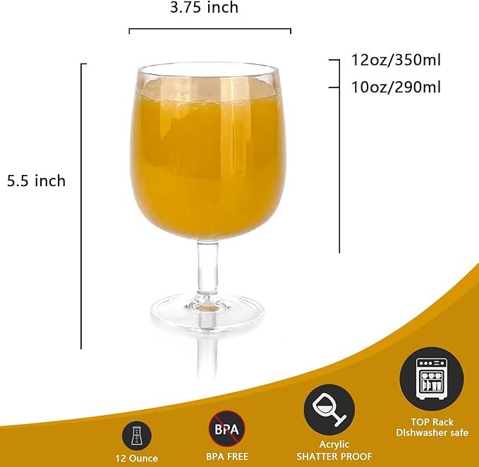 Yalin Set of 6 Unbreakable 12 oz Acrylic Plastic Wine and Water Tumbler Stackable Goblets. (Clear, 12 oz)