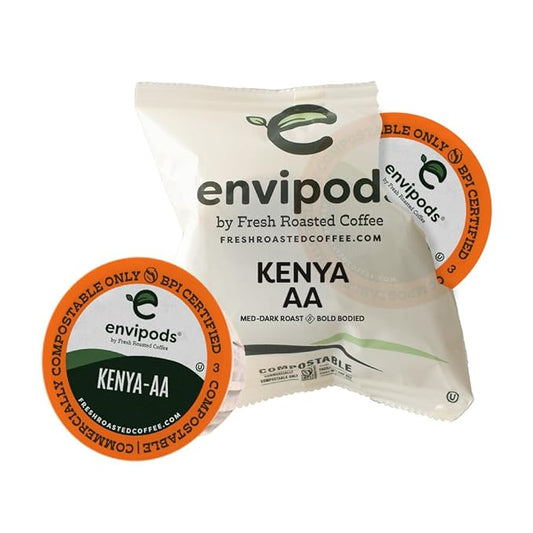 Fresh Roasted Coffee, Kenya-AA Compostable Envipods, Medium-Dark Roast, Kosher, 36 Count Individually Wrapped for Keurig K Cup Brewers | Not for use in Ninja or Hamilton Beach Brewers