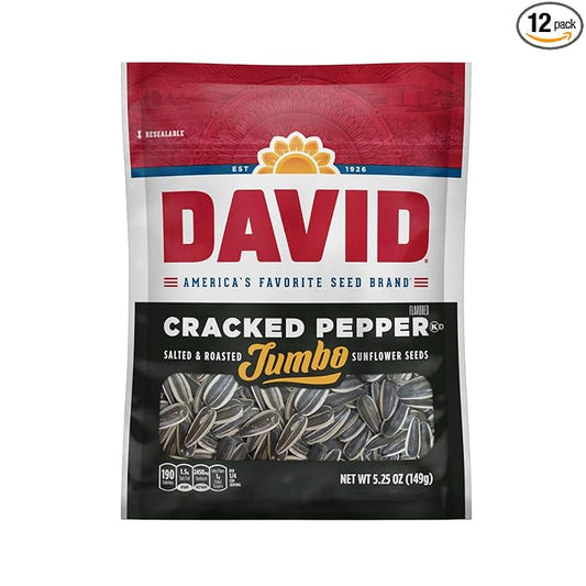 DAVID Roasted and Salted Cracked Pepper Jumbo Sunflower Seeds, Keto Friendly, 5.25 oz, 12 Pack