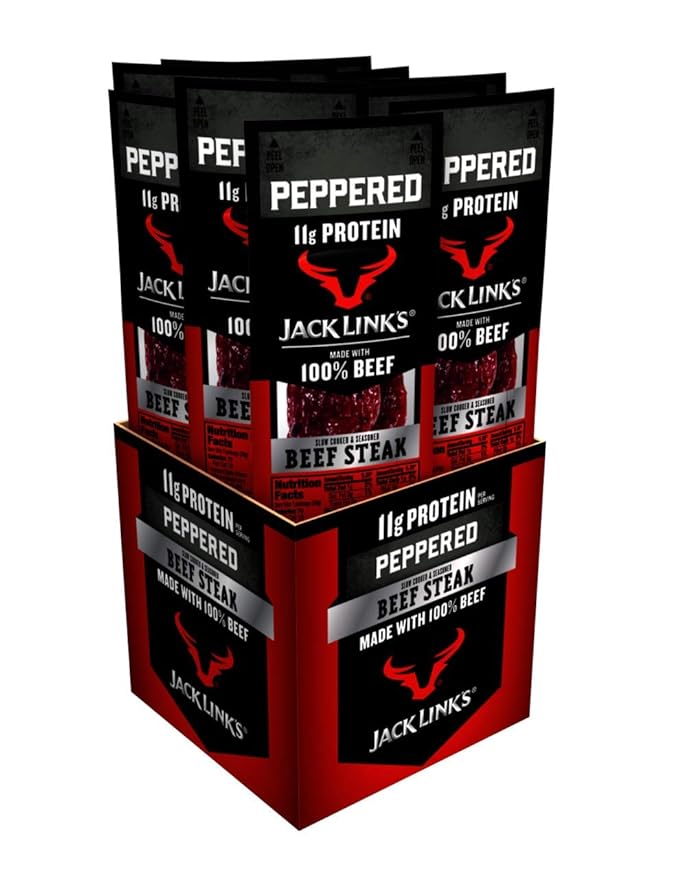 Jack Link's Beef Steak, Peppered - Protein Snacks, Meat Snack with 11g of Protein, Made with 100% Beef, Individually Wrapped Bulk Snack Pack, Keto Friendly - 1 Oz. (12 Count)