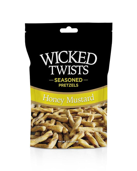 Wicked Twists Honey Mustard Seasoned Pretzels Twists 5.5 oz (1 Pack) Snack Pretzel Sticks Rods, Bold Flavor Snack, Resealable Fresh Pack, Baked Crunch, Party & School-Ready