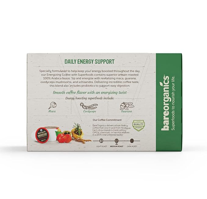 Bare Organics 14198 ENERGIZING USDA Organic Coffee Infused with Superfoods & Probiotics, Compatible Pods, Vegan, Gluten Free, 10ct (Pack of 6)