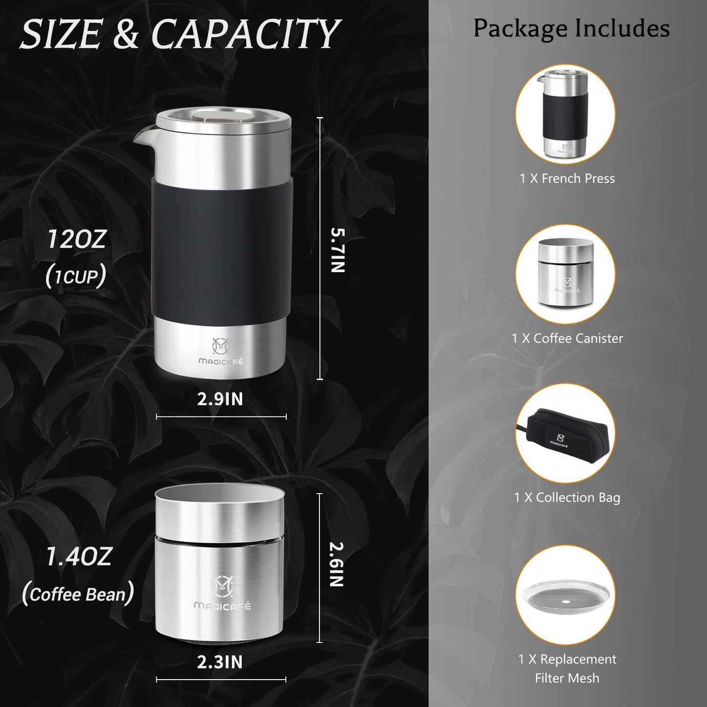 MAGICAFÉ French Press Coffee Maker Set, Portable French Press with Mini Coffee Canister and