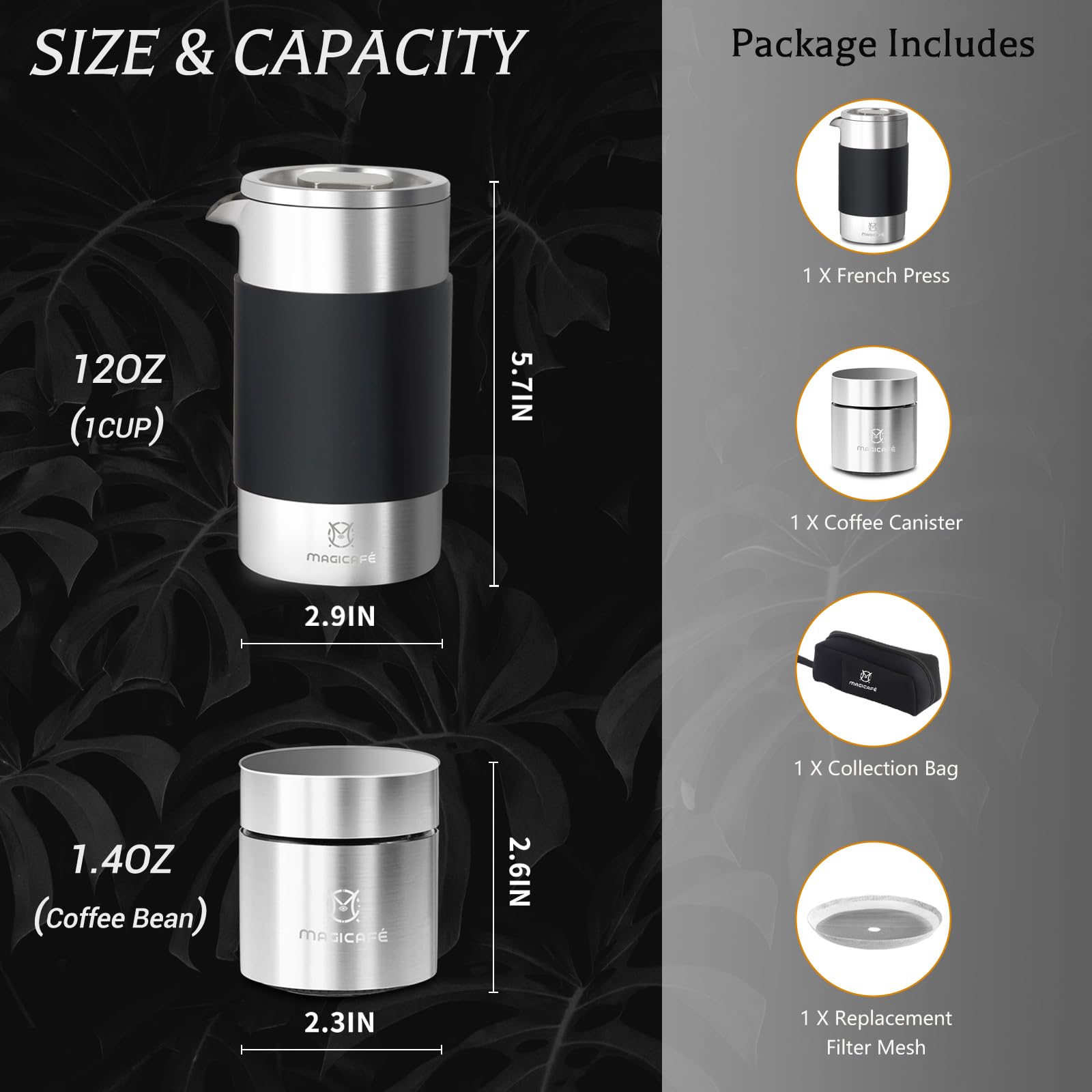 MAGICAFÉ French Press Coffee Maker Set, Portable French Press with Mini Coffee Canister and