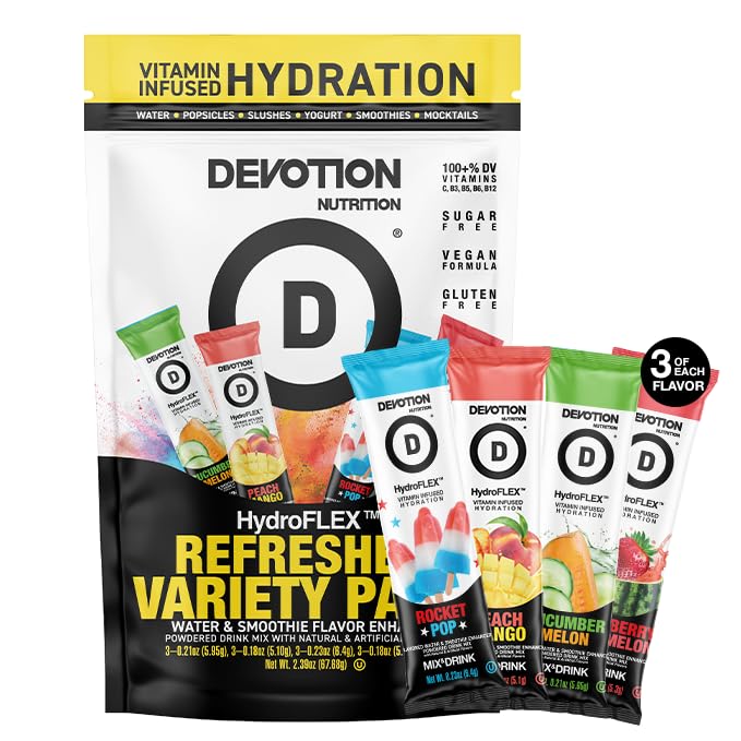 Devotion Nutrition HydroFLEX Water Flavoring Packets ??Sugar-Free Hydration with Vitamins & Electrolytes ??Dye-Free, Gluten-Free (4-Flavor Refresher Variety Pack) 12-Pack Drink Mix