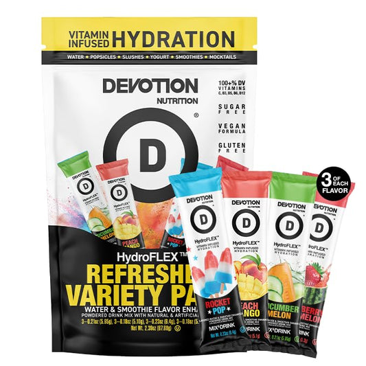 Devotion Nutrition HydroFLEX Water Flavoring Packets ??Sugar-Free Hydration with Vitamins & Electrolytes ??Dye-Free, Gluten-Free (4-Flavor Refresher Variety Pack) 12-Pack Drink Mix