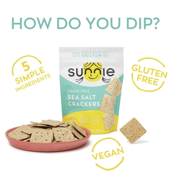 Sunnie Gluten Free Crackers - Healthy Grain Free Sea Salt Crackers, Snacks for Kids & Adults, Made with Avocado Oil, Only 5 Ingredients, Vegan Snack, Low Calorie (4 oz - Pack of 9)