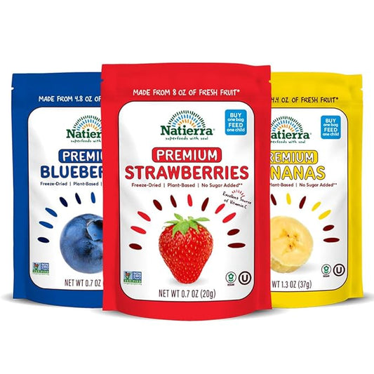 NATIERRA Premium Freeze-Dried Blueberries, Strawberries & Bananas | Non-GMO & Vegan, Gluten Free, No Additives, No Sugar Added | Variety Pack (Pack of 3)