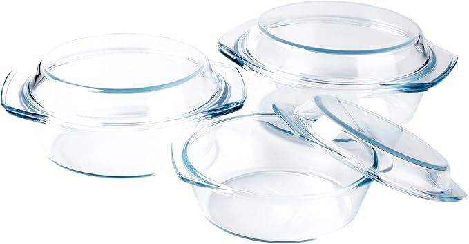 Set of 6 Pieces Round Tempered Glass Casserole Dish with Lids, Glass Casserole Baking Dish Set for Oven, Freezer and Dishwasher Safe - 0.7QT+1QT+1.5QT