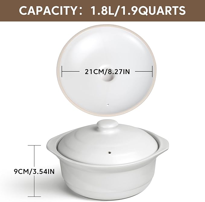 InfiOne Ceramic Pots Ceramic Soup Pot with Lid Ceramic Cookware Stockpot Rice Pot Clay Pot for Cooking (White, 1.9 Quart)