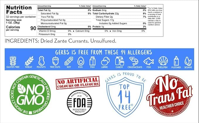 Gerbs Dried Zante Currants 2 lbs. | Unsulfured, No Additives, Resealable Bag | Naturally Bold & Tart Flavor | Top 14 Allergen-Free