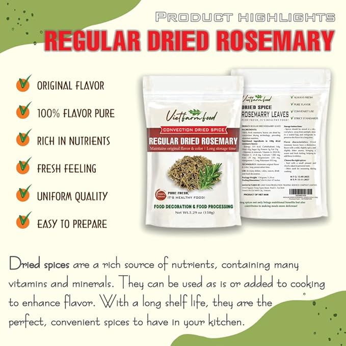 REGULAR DRIED ROSEMARY 5.29 Oz (150g) VIETFARMFOOD: Natural pure, convection dried seasoning made from real vegetables - perfect for adding flavor to any meal, from cooking, baking, soups, sauces