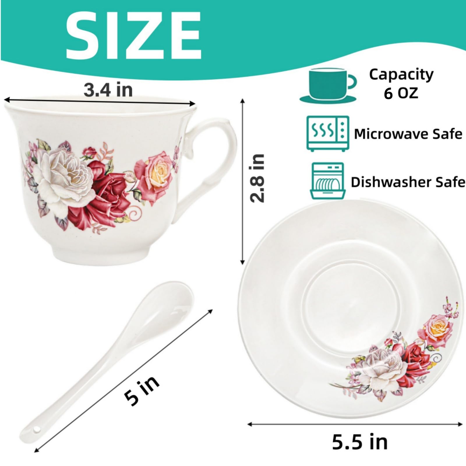 WRINGKIT Tea Cups and Saucers Set of 6, 6 Oz Porcelain Teacup with Spoon