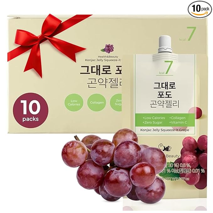 Korean Food Low Calories Squeeze Konjac Jelly Grape Flavor, Fish Collagen, Vitamin, Zero Sugar, Chewier Texture, Health&Beauty (Net WT 5.07 oz, Pack of 10) ?¨ㅼë¹??»━
