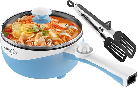 Audecook Hot Pot Electric, 1.7L Mini Electric Skillet Portable Nonstick Saut챕 Pan with Power Adjustment, Rapid Noodles Cooker Travel Multicooker for Steak/Soup/Egg/Oatmeal/Noodles