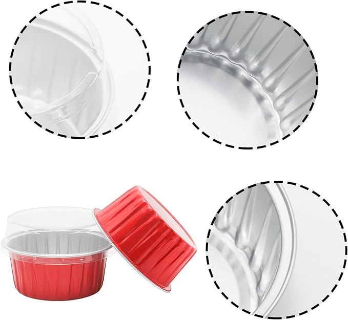 100 Pack 4.2oz Aluminum Cups with Lids Mini Flan Containers with Lids Cupcake Baking Cups, Red