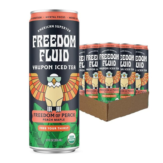 Freedom Fluid Organic Yaupon Iced Tea – Refreshing Peach | Herbal Tea Drink | Lightly Sweetened, Low Sugar, Low Calories, Real Brewed Tea, Clean Ingredients, Antioxidant Rich, Natural Caffeine, 12 Pack (12 oz cans)