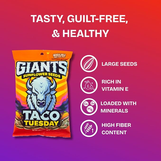 GIANTS Taco Tuesday Sunflower Seeds - Sunflower Seeds to Eat, High Protein Snack, Zesty Taco Seasoning, Source of Vitamin E & Fiber Content - 5 oz Resealable Bags (Pack of 3)