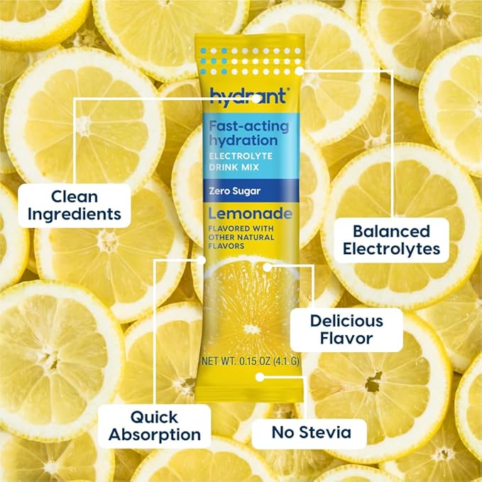 HYDRANT Hydrate No Added Sugar, Individual Hydration Electrolyte Powder Stick Packets with Zero Sugar and Electrolytes for Rapid Hydration (Lemonade, 30 Count)