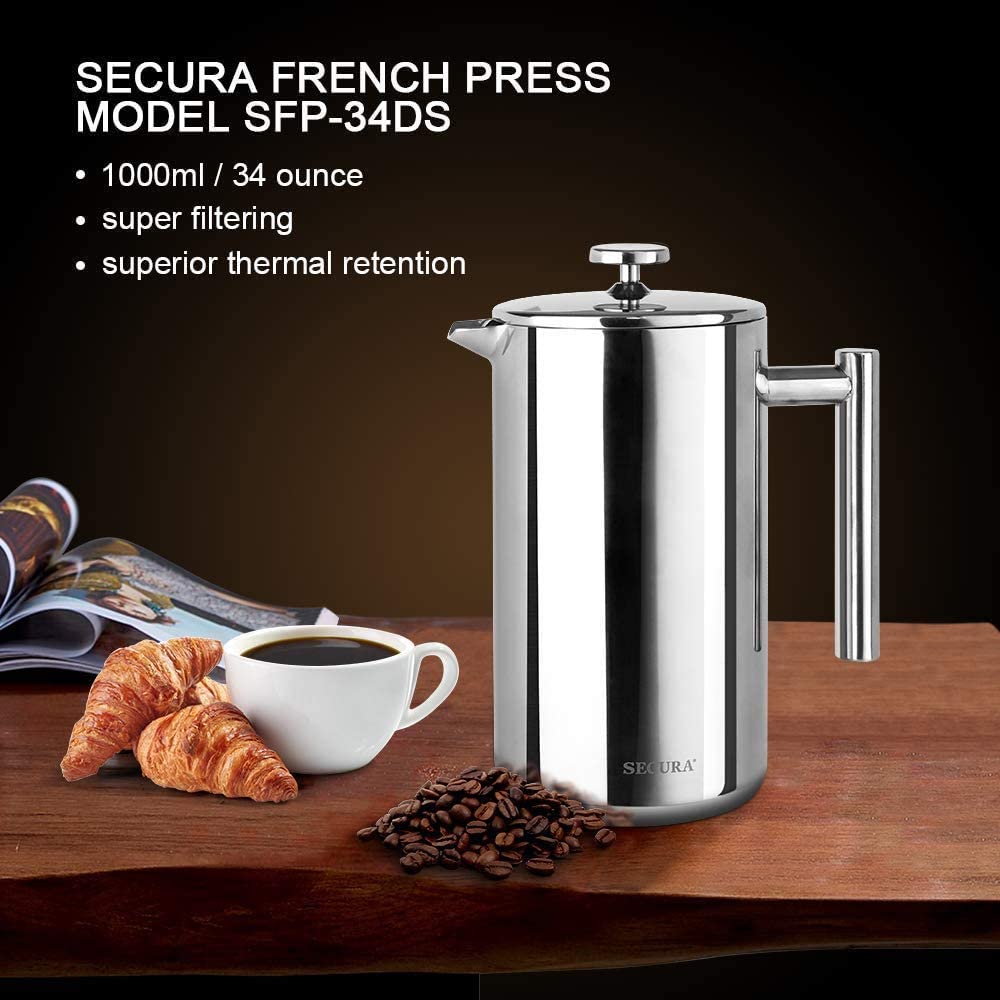 Secura French Press Coffee Maker, 304 Grade Stainless Steel Insulated Coffee Press with 2 Extra