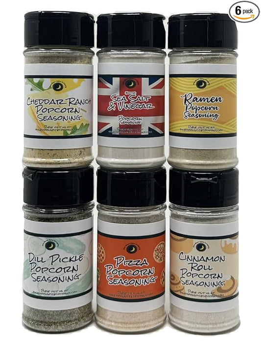 POPCORN SEASONING | Variety 6 Pack | Ramen Flavor | Dill Pickle | Sea Salt & Vinegar | Cheddar Ranch | Cinnamon Roll Frosting | Pizza | Crafted in Small Batches | Premium | Popcorn Seasoning Variety Set ??6 Unique Flavors to Transform Your Popcorn!