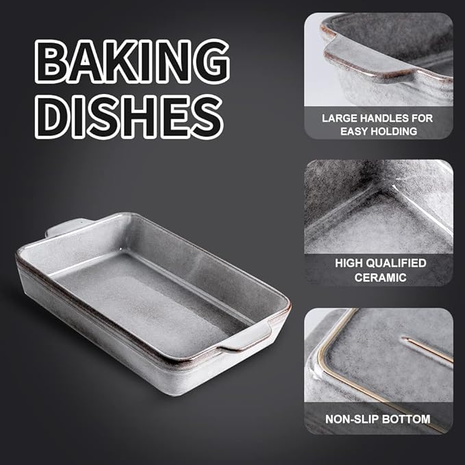 KOOV Bakeware Set, Ceramic Baking Dish Set, Rectangular Casserole Dish Set, lasagna Pan, Baking Pans Set for Cooking, Cake Dinner, Kitchen, 9 x 13 Inches, Reactive Glaze 3-Piece (Variable Grey)