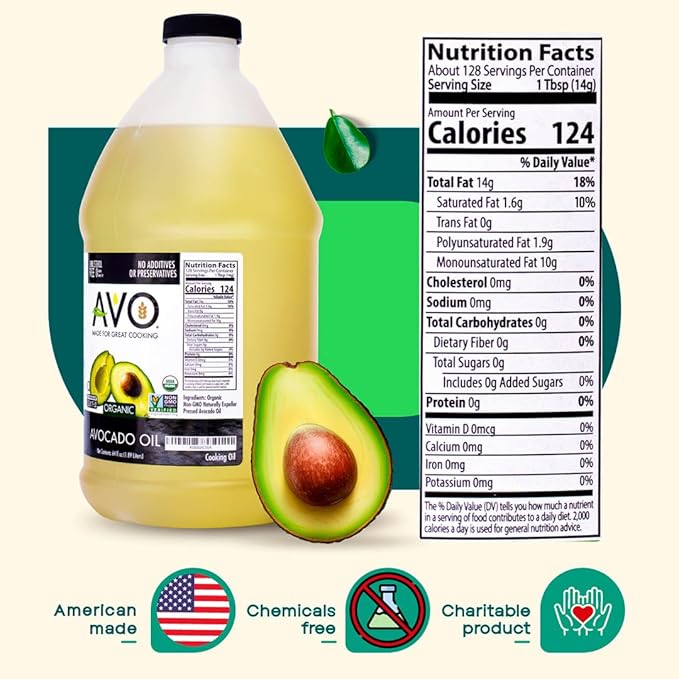 AVO ORGANIC AVOCADO Oil Frying, Baking, Non-stick Saut챕ing, Salads, Vinaigrette, Marinades, Pan Coating, General Cooking 64 Fl-oz (Half a Gallon), NO preservatives added, Naturally Processed