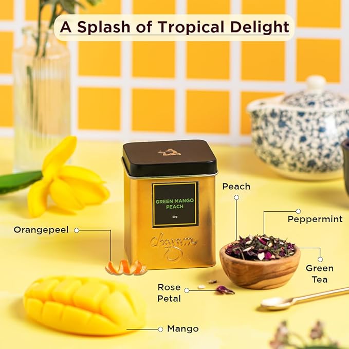 CHAYAM Mango,Peach & Rose Green Tea Tin Set | 50g Each | Refreshing Combo in Tin box | Fruity Mango tea and Floral Rose Green Loose Tea - Combo Tea Set