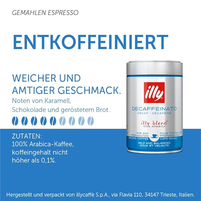 illy Ground Coffee Espresso - 100% Arabica Beans ??Classico Decaf Roast - Notes of Caramel, Toasted Bread & Chocolate - Rich Aromatic Profile - No Preservatives ??8.8 Ounce