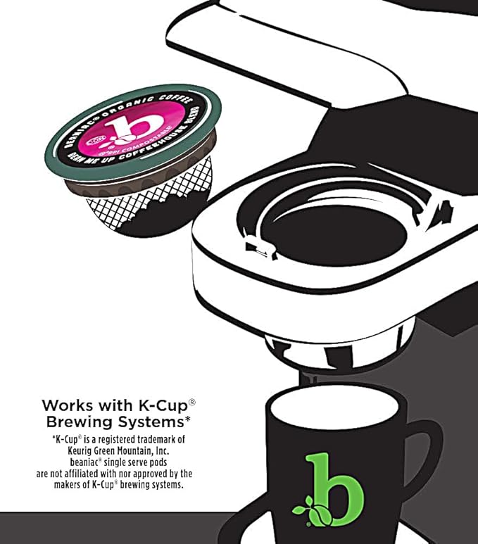 beaniac Organic Bean Me Up Coffeehouse Blend, Medium Roast, Single Serve Compostable K Cup Coffee Pods, Organic Arabica Coffee, Keurig Brewer Compatible, 72 Count