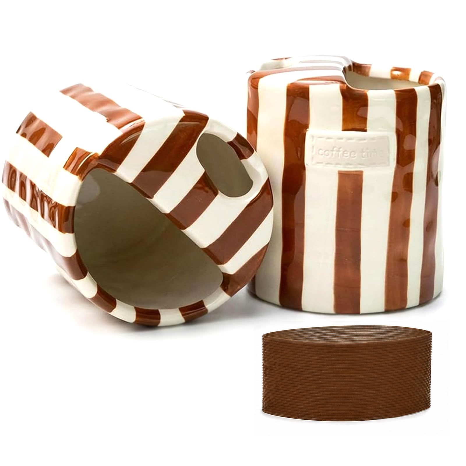 KOIMYSA Ceramic Coffee Mug with Half Lid, 12oz Handmade Retro Striped Travel Mug, Minimalist To Go