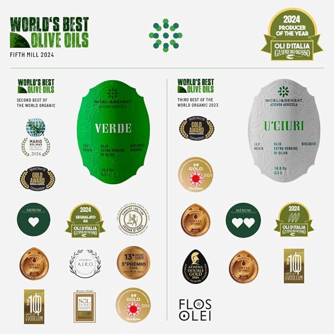 Fruity Medium Organic 500+ mg/kg Polyphenols Rich Italian Extra Virgin Olive Oil from Italy, 2025 Gold Award, High Antioxidants Peppery Finish, Sicily Certified Origins, Cold Pressed - 16.9 fl oz