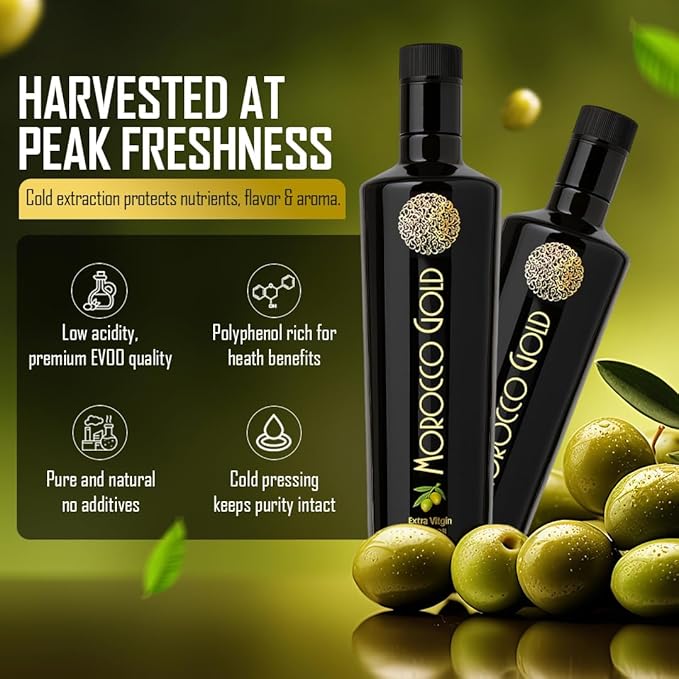 Morocco Gold New Harvest Extra Virgin Olive Oil Early Harvest ??Cold Pressed ??Polyphenol Rich 652mg/kg EVOO Fresh Harvest Pure and Natural. 500ml/17 Fl Oz