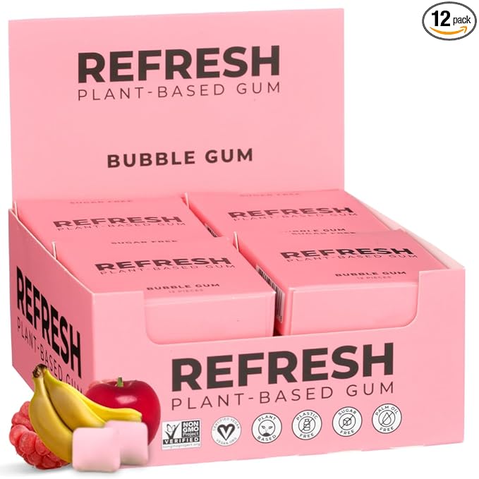 Refresh Gum, Xylitol, Sugar Free, Natural, Long Lasting Chewing Gum, Natural Flavors & Organic Ingredients, Plant-Based, Plastic Free, Non GMO, Gluten Free, Vegan, Bubble Gum Flavor, 12 Pcs, 12 Pack